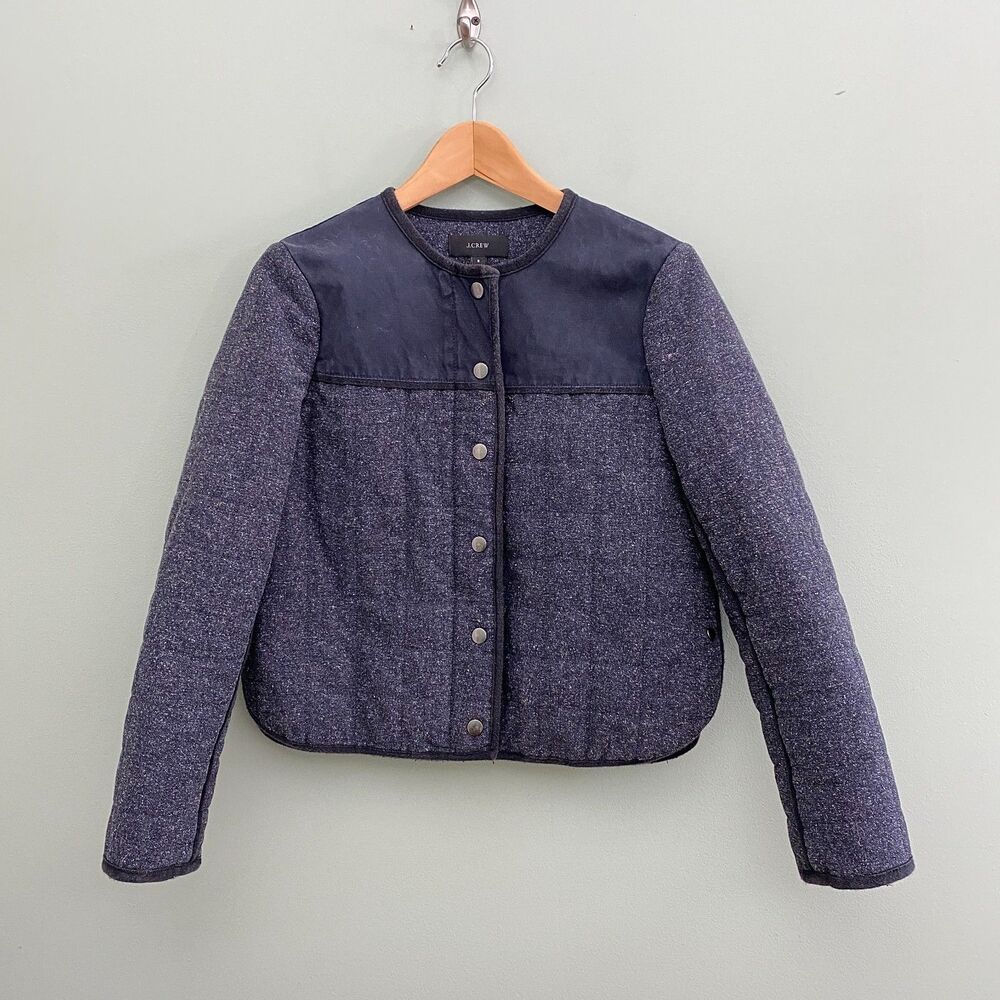 J Crew Quilted Fencing Jacket Womens 8 Blue Donegal Herringbone Preppy Outdoor